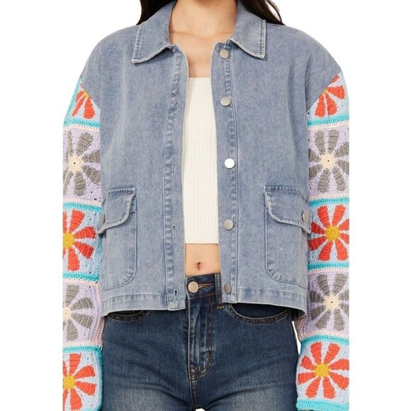 Mystree Crochet Sleeve Medium Wash Denim Jacket Bohemian Size M - Picture 6 of 11